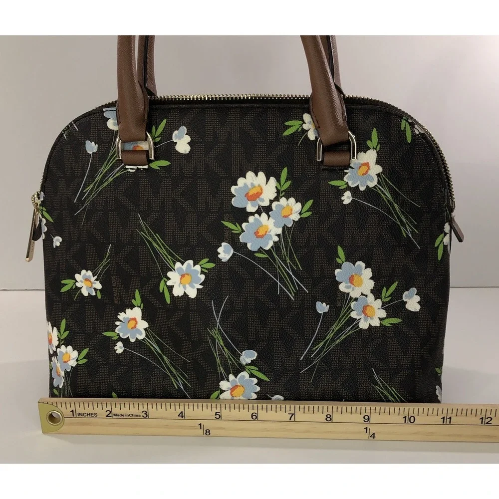 Michael Kors Cindy Dome Satchel‎ Brown White Blue Floral Handbag Purse MK Logo
